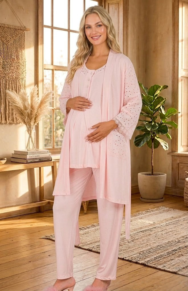 Yeni Sezon Pudra Fisto Keten Detaylı Özel Tasarım Yazlık Pamuk Hamile Sabahlıklı Pijama Takımı Seti 33006