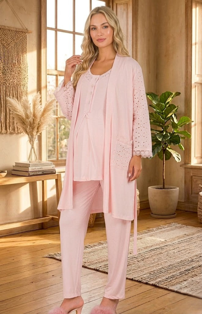 Yeni Sezon Pudra Fisto Keten Detaylı Özel Tasarım Yazlık Pamuk Hamile Sabahlıklı Pijama Takımı Seti 33006