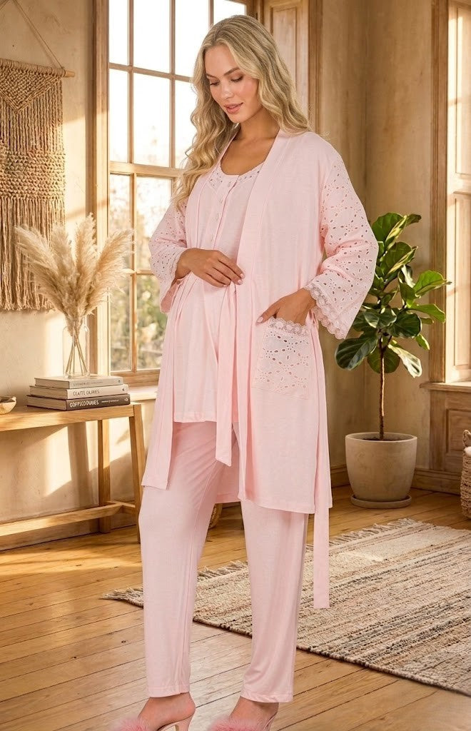 Yeni Sezon Pudra Fisto Keten Detaylı Özel Tasarım Yazlık Pamuk Hamile Sabahlıklı Pijama Takımı Seti 33006