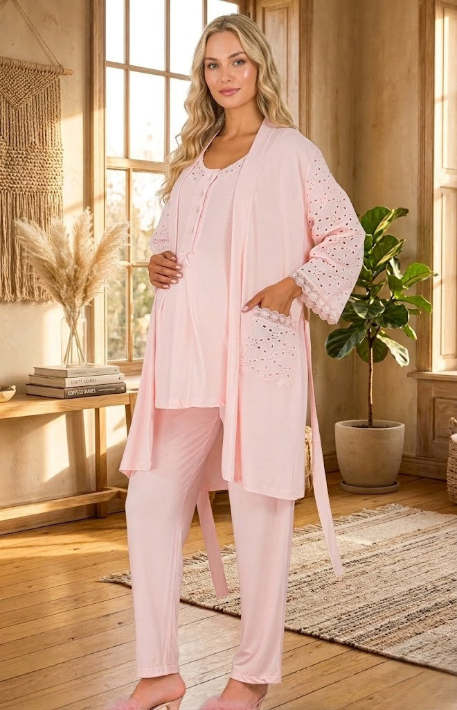 Yeni Sezon Pudra Fisto Keten Detaylı Özel Tasarım Yazlık Pamuk Hamile Sabahlıklı Pijama Takımı Seti 33006