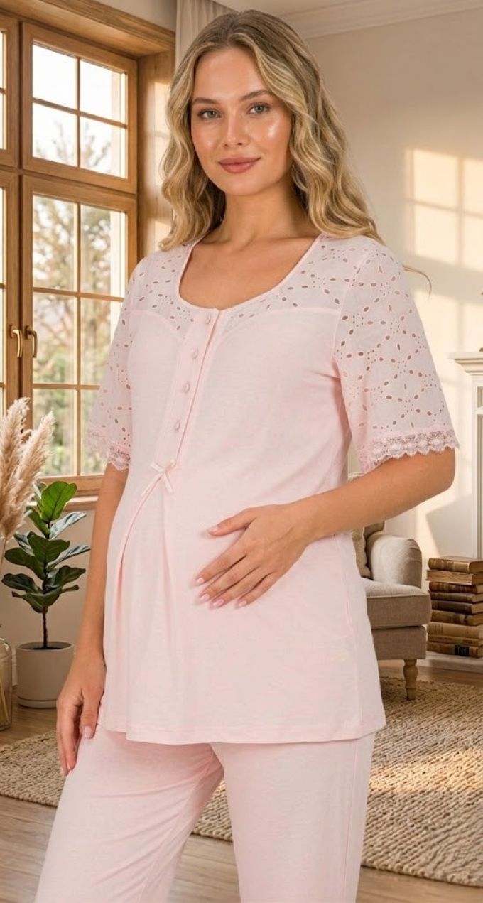 Yeni Sezon Pudra Fisto Keten Detaylı Özel Tasarım Yazlık Pamuk Hamile Sabahlıklı Pijama Takımı Seti 33006