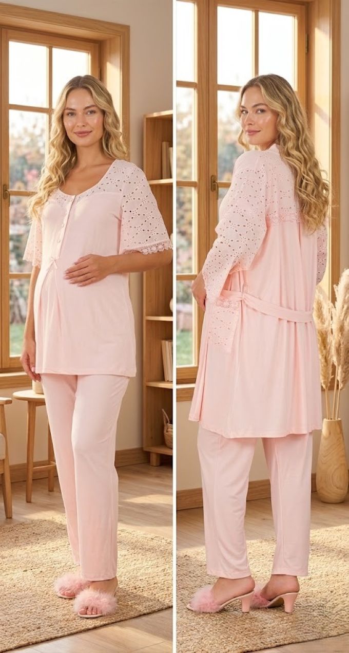 Yeni Sezon Pudra Fisto Keten Detaylı Özel Tasarım Yazlık Pamuk Hamile Sabahlıklı Pijama Takımı Seti 33006