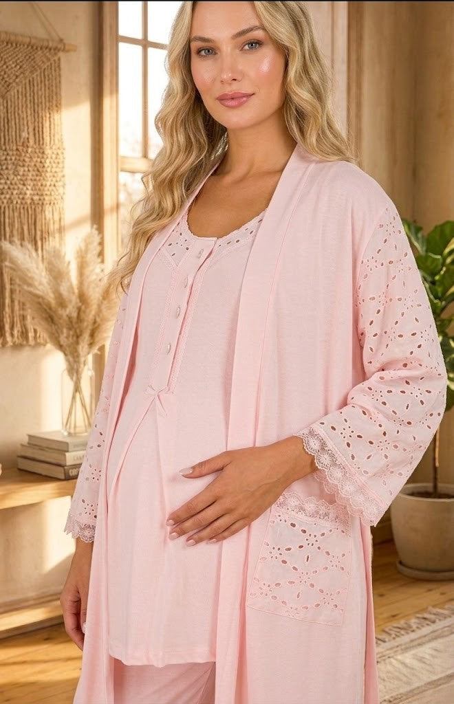 Yeni Sezon Pudra Fisto Keten Detaylı Özel Tasarım Yazlık Pamuk Hamile Sabahlıklı Pijama Takımı Seti 33006