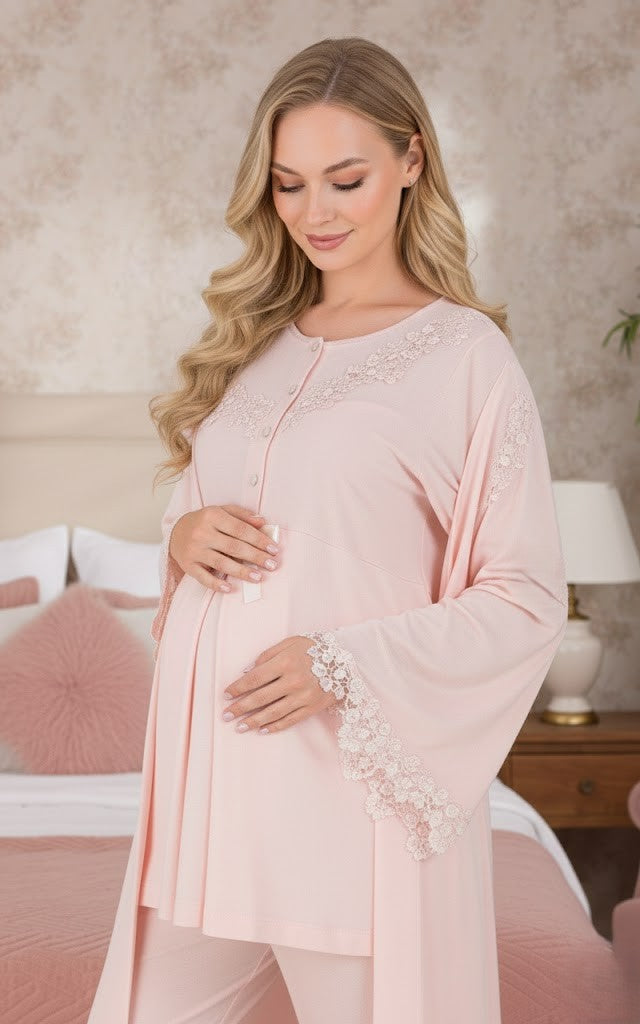 Yeni Sezon Pudra Dantelli Düğmeli Özel Tasarım Hamile Lohusa Sabahlıklı Pijama Takımı Seti 33007