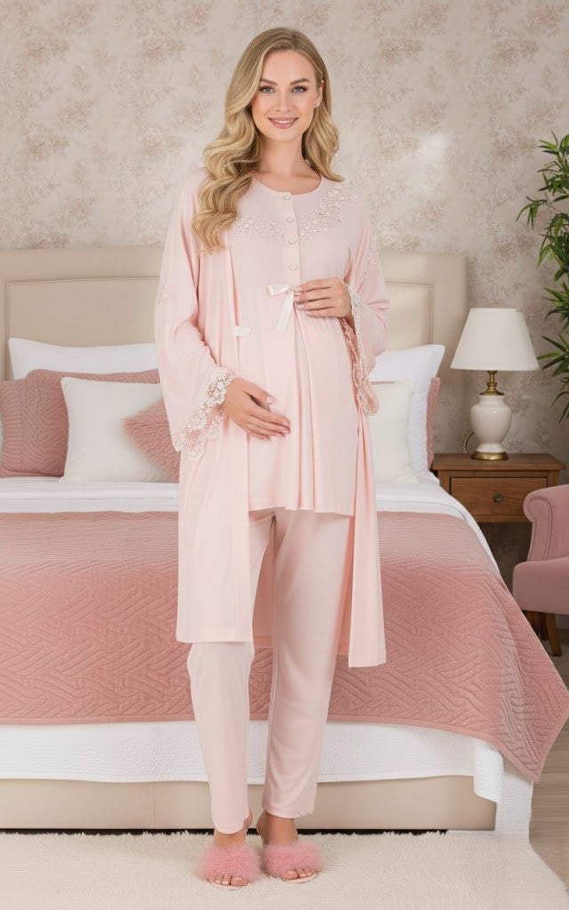 Yeni Sezon Pudra Dantelli Düğmeli Özel Tasarım Hamile Lohusa Sabahlıklı Pijama Takımı Seti 33007