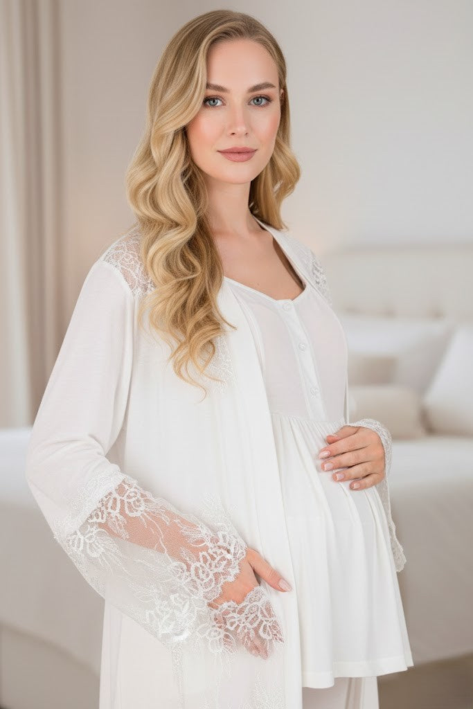 Yeni Sezon Ekru Uzun Sabahlıklı Dantelli Özel Tasarım Yazlık Hamile Sabahlıklı Pijama Takımı Seti 33008