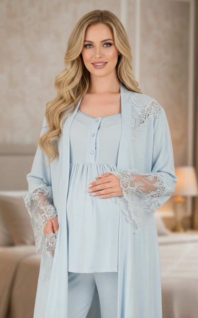 Yeni Sezon Mavi Uzun Sabahlıklı Dantelli Özel Tasarım Yazlık Hamile Sabahlıklı Pijama Takımı Seti 33008
