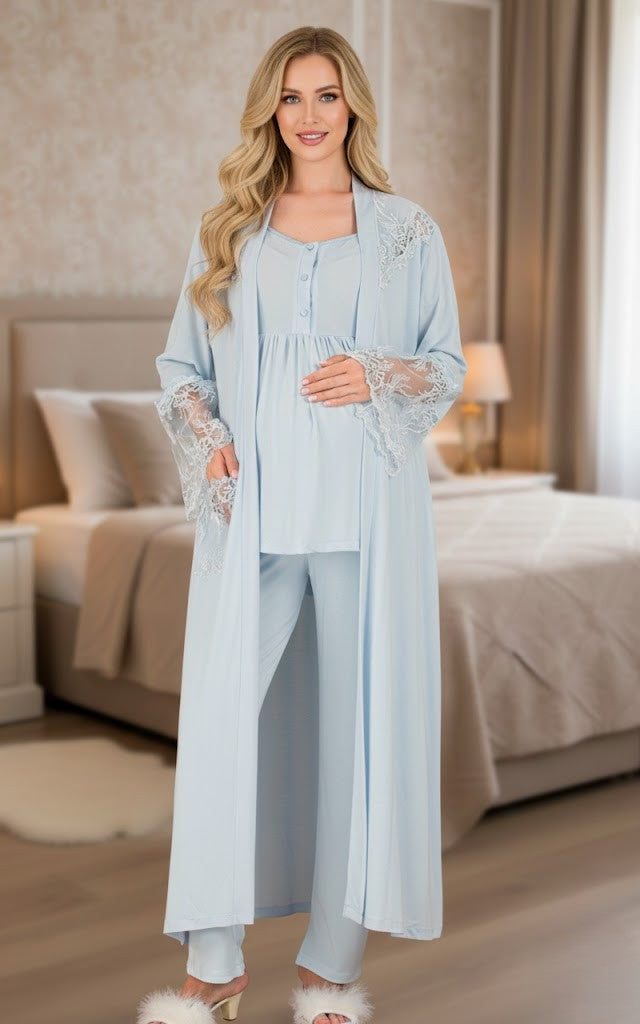Yeni Sezon Mavi Uzun Sabahlıklı Dantelli Özel Tasarım Yazlık Hamile Sabahlıklı Pijama Takımı Seti 33008