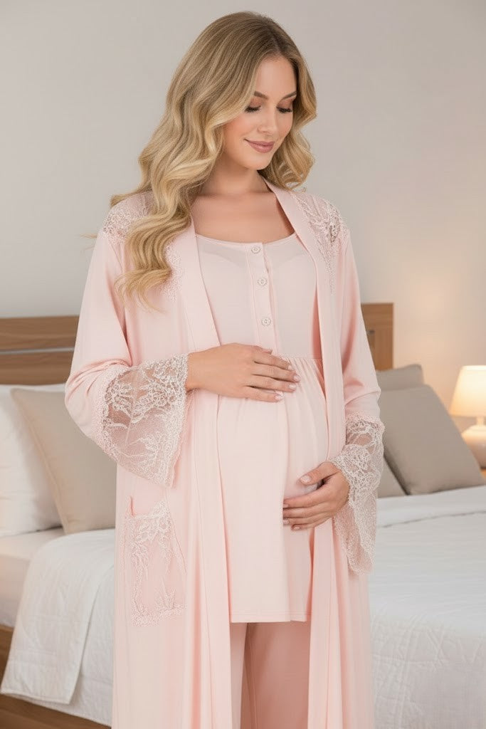Yeni Sezon Pudra Uzun Sabahlıklı Dantelli Özel Tasarım Yazlık Hamile Sabahlıklı Pijama Takımı Seti 33008