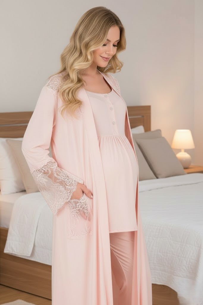 Yeni Sezon Pudra Uzun Sabahlıklı Dantelli Özel Tasarım Yazlık Hamile Sabahlıklı Pijama Takımı Seti 33008