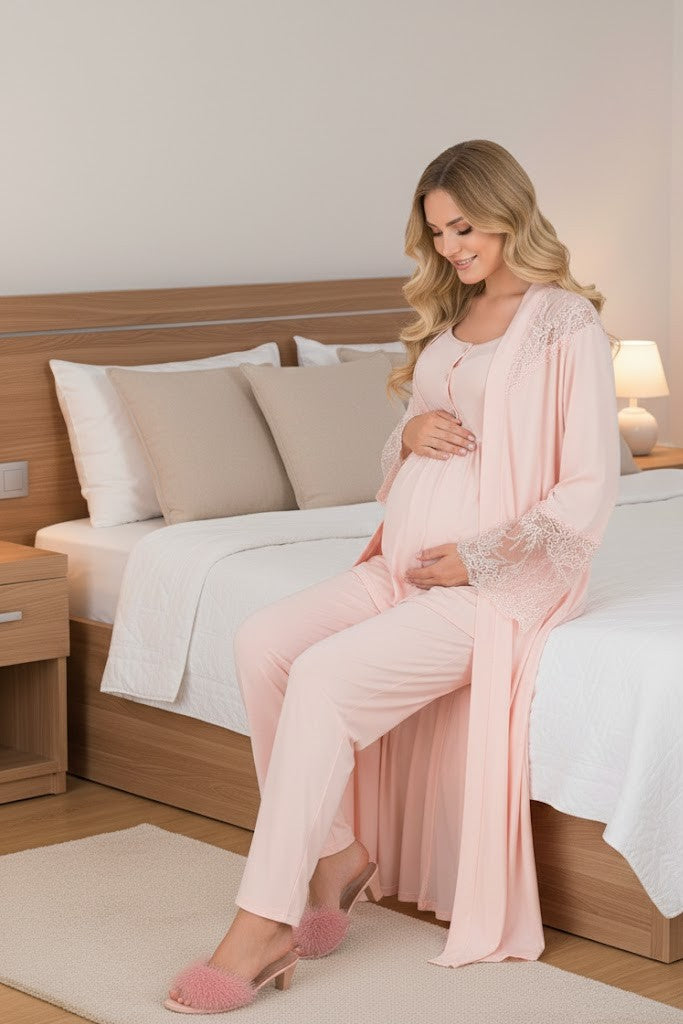 Yeni Sezon Pudra Uzun Sabahlıklı Dantelli Özel Tasarım Yazlık Hamile Sabahlıklı Pijama Takımı Seti 33008
