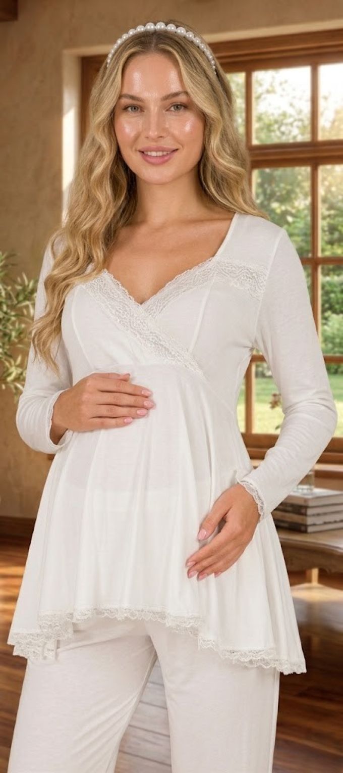 Yeni Sezon Ekru Özel Dantel Detaylı Tasarım % 100 Pamuk Lohusa Hamile Sabahlıklı Pijama Takımı Seti 33009