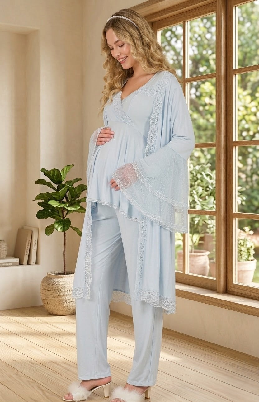 Yeni Sezon Mavi Özel Dantel Detaylı Tasarım % 100 Pamuk Lohusa Hamile Sabahlıklı Pijama Takımı Seti 33009