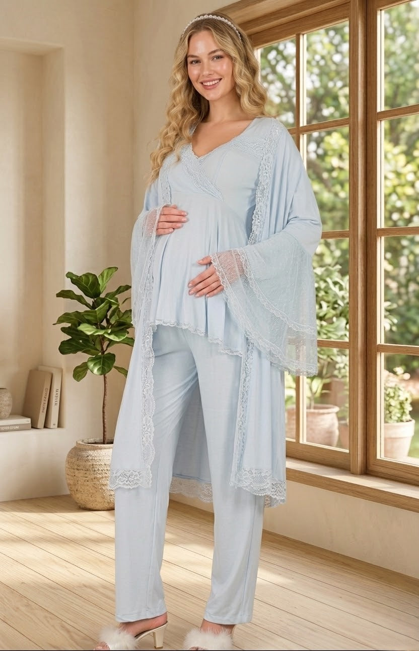 Yeni Sezon Mavi Özel Dantel Detaylı Tasarım % 100 Pamuk Lohusa Hamile Sabahlıklı Pijama Takımı Seti 33009