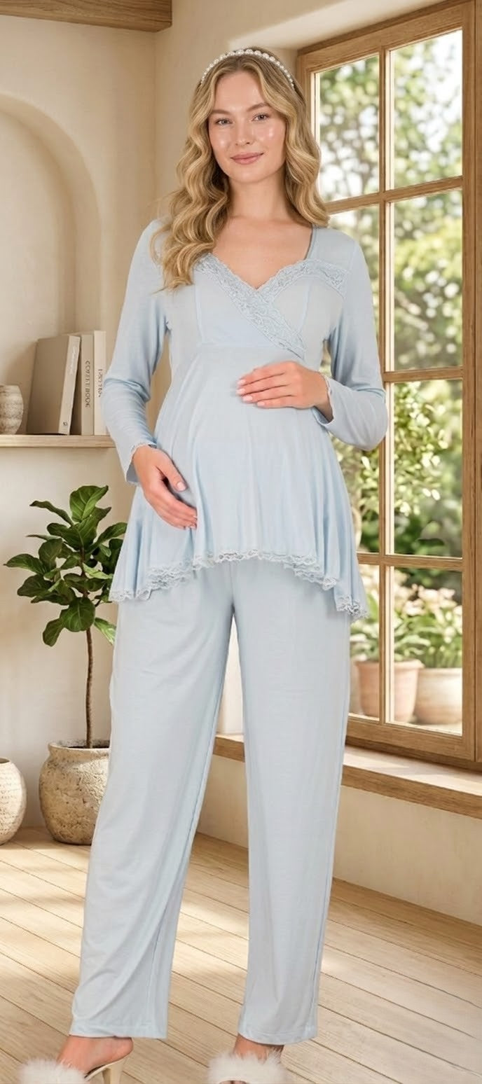 Yeni Sezon Mavi Özel Dantel Detaylı Tasarım % 100 Pamuk Lohusa Hamile Sabahlıklı Pijama Takımı Seti 33009