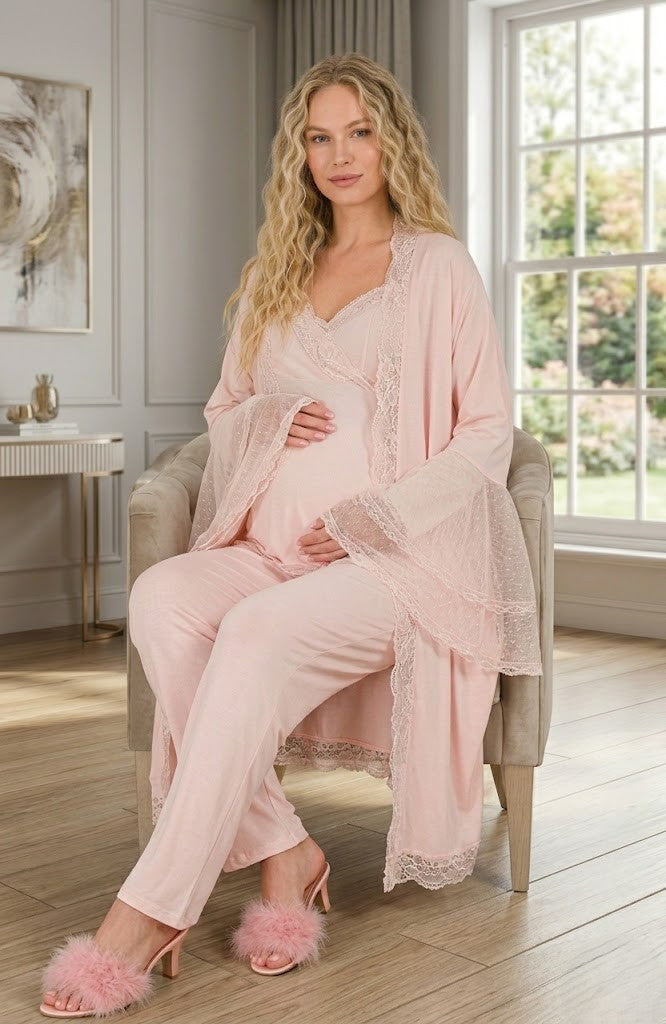 Yeni Sezon Pudra Özel Dantel Detaylı Tasarım % 100 Pamuk Lohusa Hamile Sabahlıklı Pijama Takımı Seti 33009