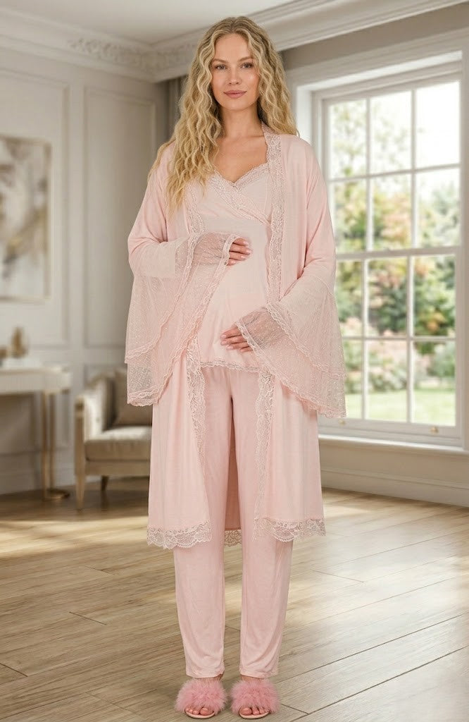 Yeni Sezon Pudra Özel Dantel Detaylı Tasarım % 100 Pamuk Lohusa Hamile Sabahlıklı Pijama Takımı Seti 33009