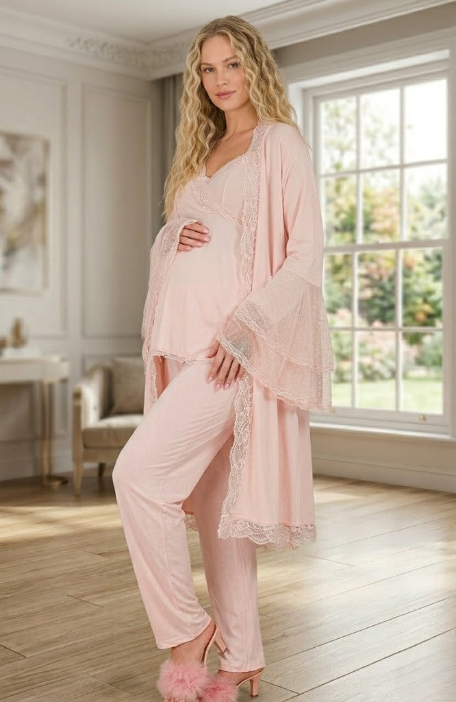 Yeni Sezon Pudra Özel Dantel Detaylı Tasarım % 100 Pamuk Lohusa Hamile Sabahlıklı Pijama Takımı Seti 33009