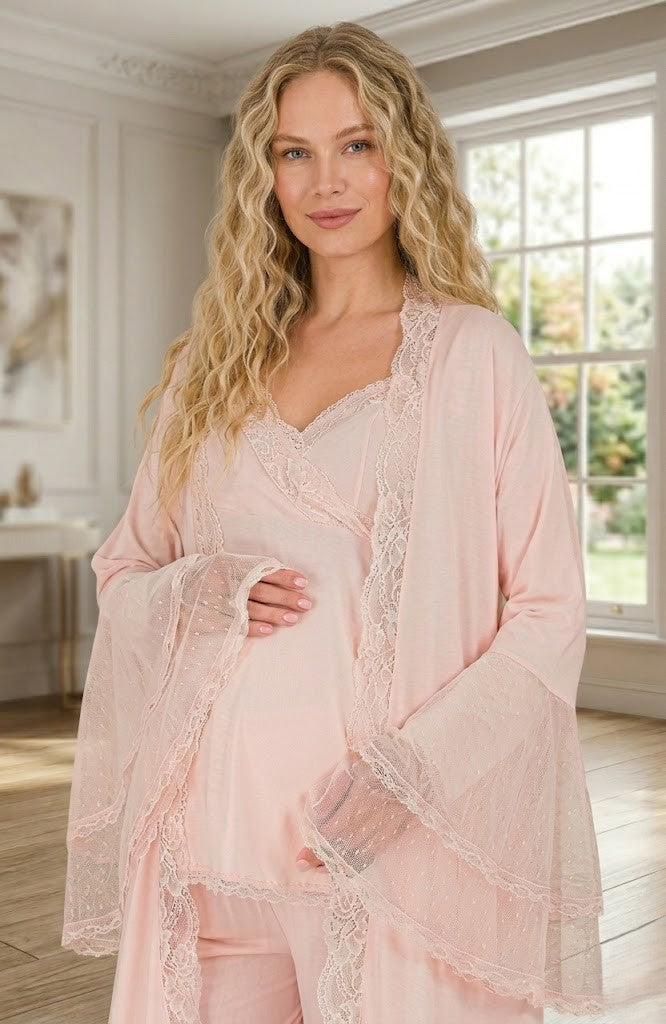 Yeni Sezon Pudra Özel Dantel Detaylı Tasarım % 100 Pamuk Lohusa Hamile Sabahlıklı Pijama Takımı Seti 33009