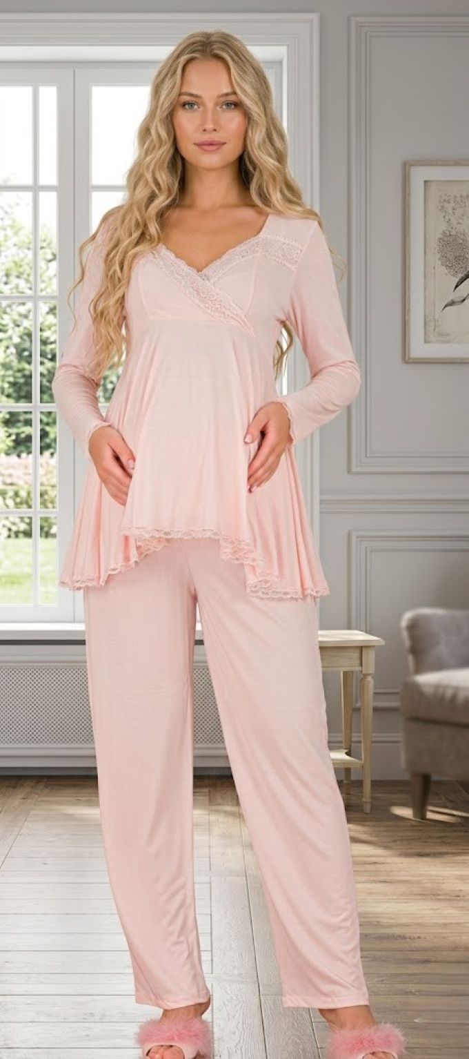 Yeni Sezon Pudra Özel Dantel Detaylı Tasarım % 100 Pamuk Lohusa Hamile Sabahlıklı Pijama Takımı Seti 33009