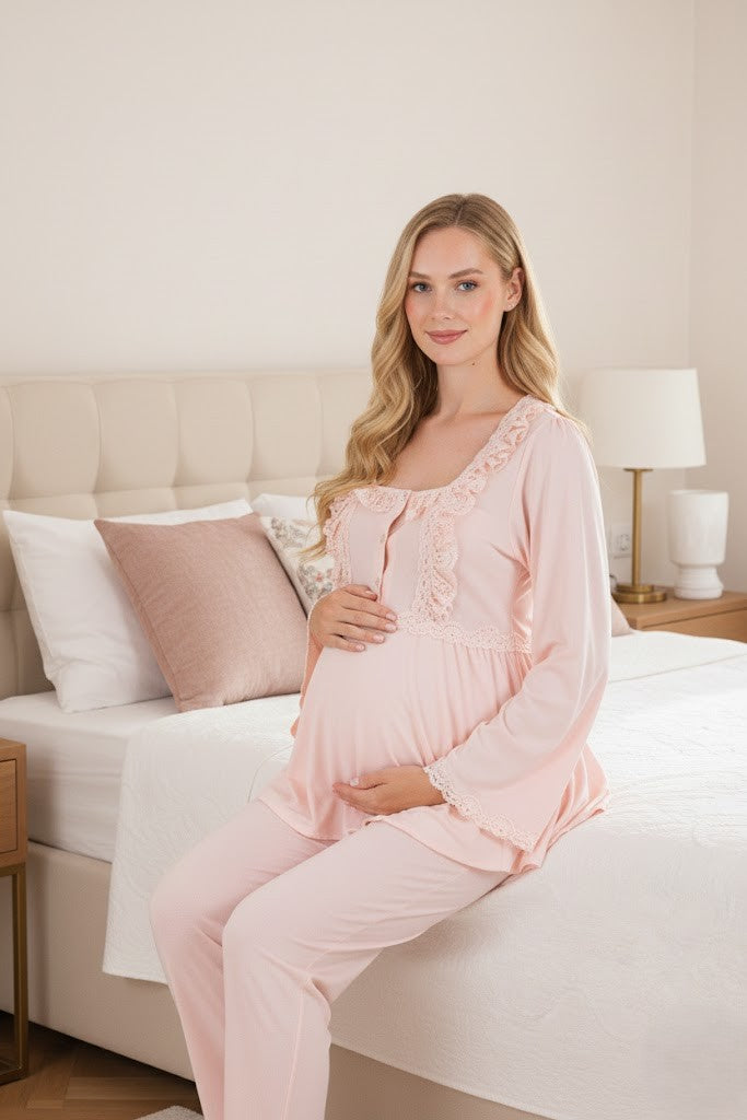 Yeni Sezon Pudra Dantel Detaylı Uzun Kol Özel Tasarım Hamile Lohusa Pijama Takımı 33205