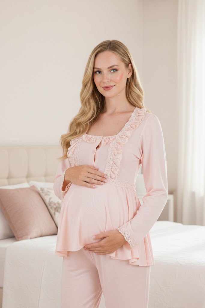 Yeni Sezon Pudra Dantel Detaylı Uzun Kol Özel Tasarım Hamile Lohusa Pijama Takımı 33205