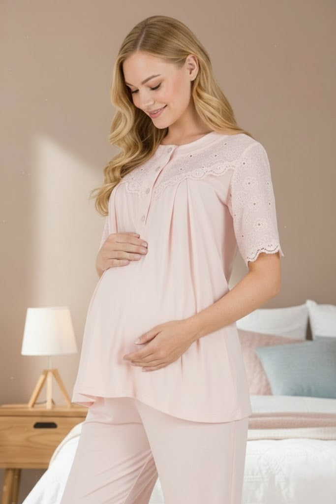 Yeni Sezon Pudra Fisto Keten Detaylı Özel Tasarım Yazlık Pamuk Hamile Lohusa Pijama Takımı 33206