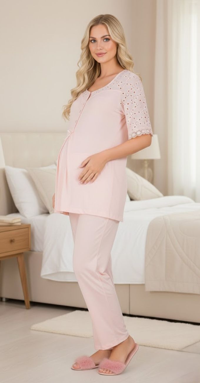 Yeni Sezon Pudra Fisto Keten Detaylı Özel Tasarım Yazlık Pamuk Hamile Lohusa Pijama Takımı 33207
