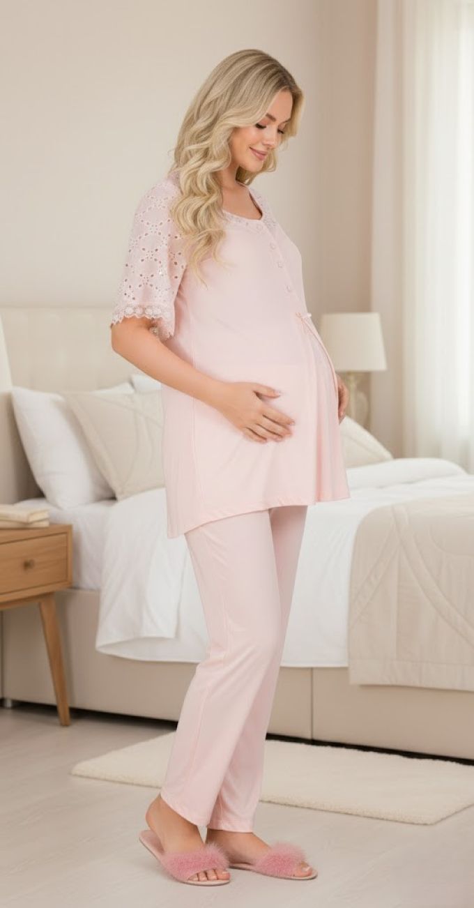 Yeni Sezon Pudra Fisto Keten Detaylı Özel Tasarım Yazlık Pamuk Hamile Lohusa Pijama Takımı 33207