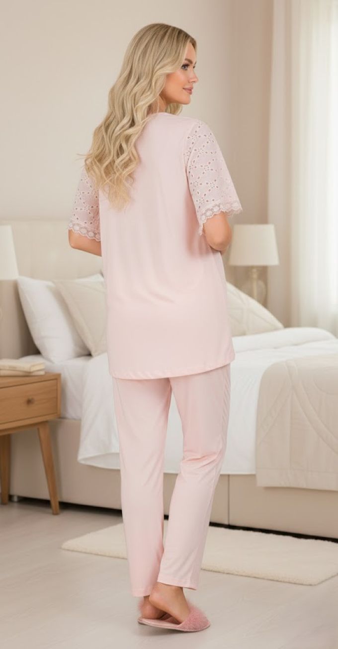 Yeni Sezon Pudra Fisto Keten Detaylı Özel Tasarım Yazlık Pamuk Hamile Lohusa Pijama Takımı 33207