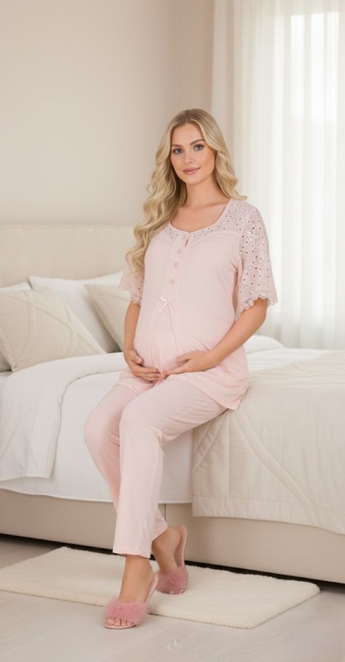 Yeni Sezon Pudra Fisto Keten Detaylı Özel Tasarım Yazlık Pamuk Hamile Lohusa Pijama Takımı 33207