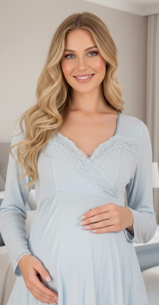 Yeni Sezon Kadın Mavi Dantelli Düğmeli Özel Tasarım %100 Pamuk Hamile Lohusa Pijama Takımı 33212