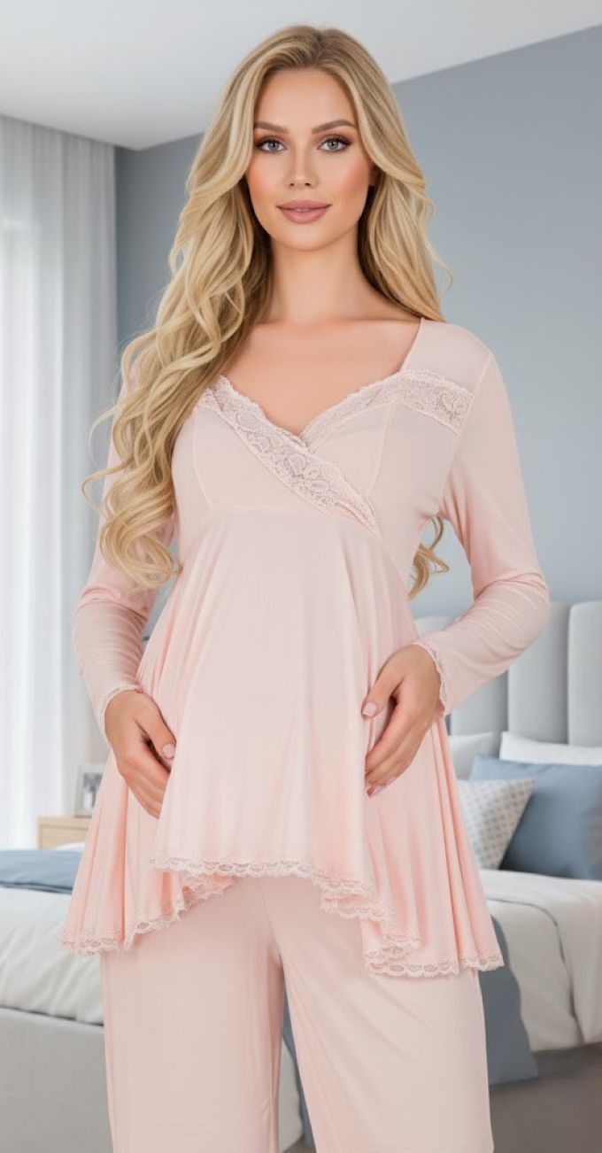 Yeni Sezon Kadın Pudra Dantelli Düğmeli Özel Tasarım %100 Pamuk Hamile Lohusa Pijama Takımı 33212