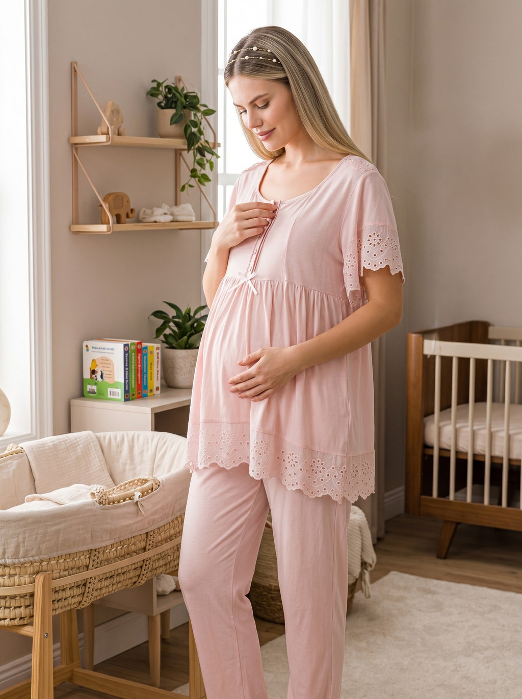 Yeni Sezon Pudra Yazlık Fisto Keten Detaylı Özel Tasarım Emzirme Özellikli Kısa Kollu Hamile Lohusa Pijama Takımı 33214