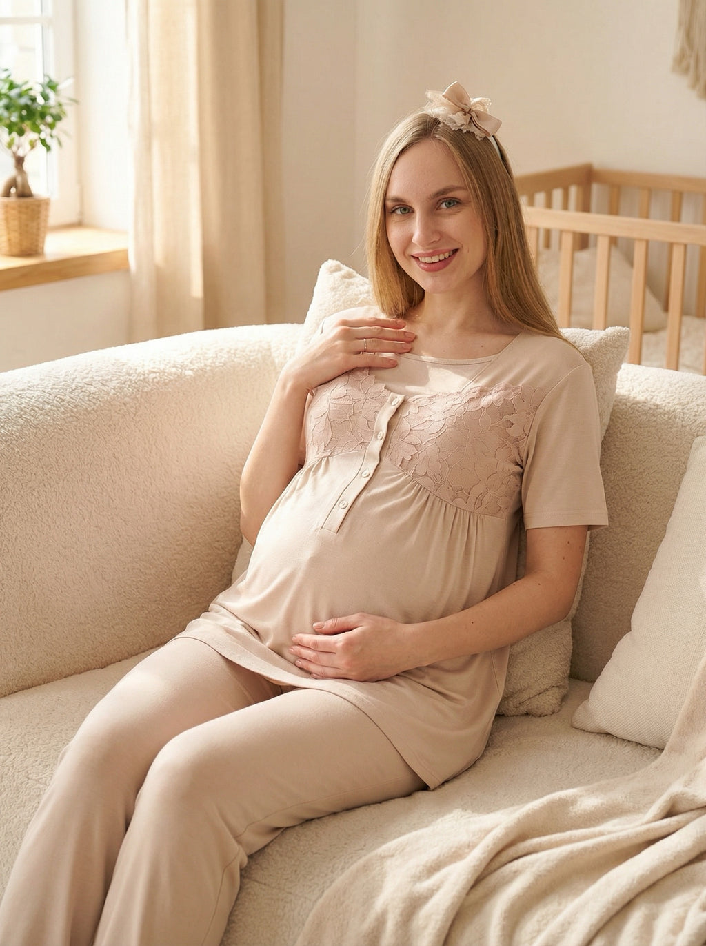 Yeni Sezon Vizon Yazlık Çiçek Dantelli Hamile Lohusa Sabahlıklı Pijama Takımı Seti - 3431