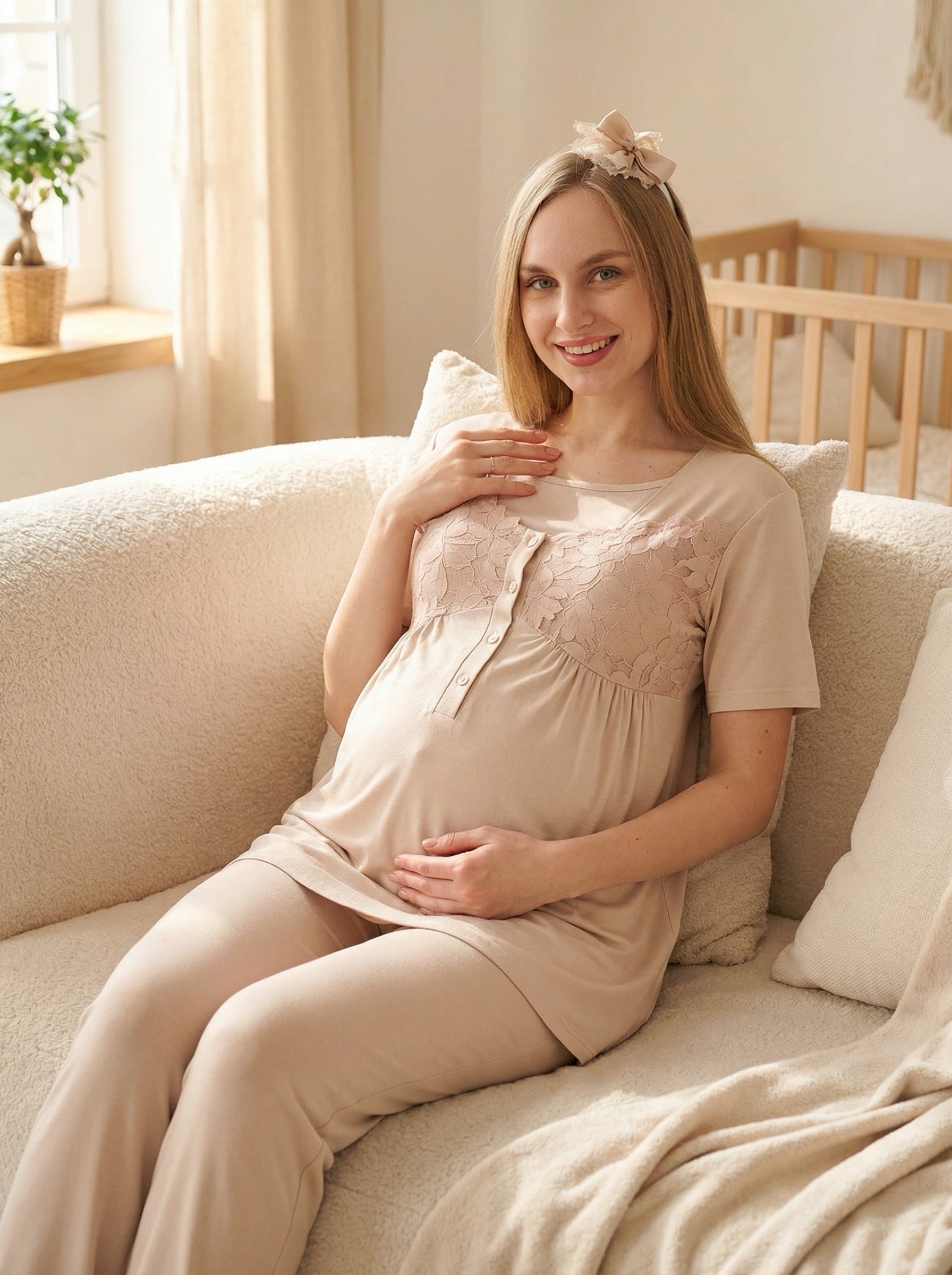 Yeni Sezon Vizon Yazlık Çiçek Dantelli Hamile Lohusa Sabahlıklı Pijama Takımı Seti - 3431