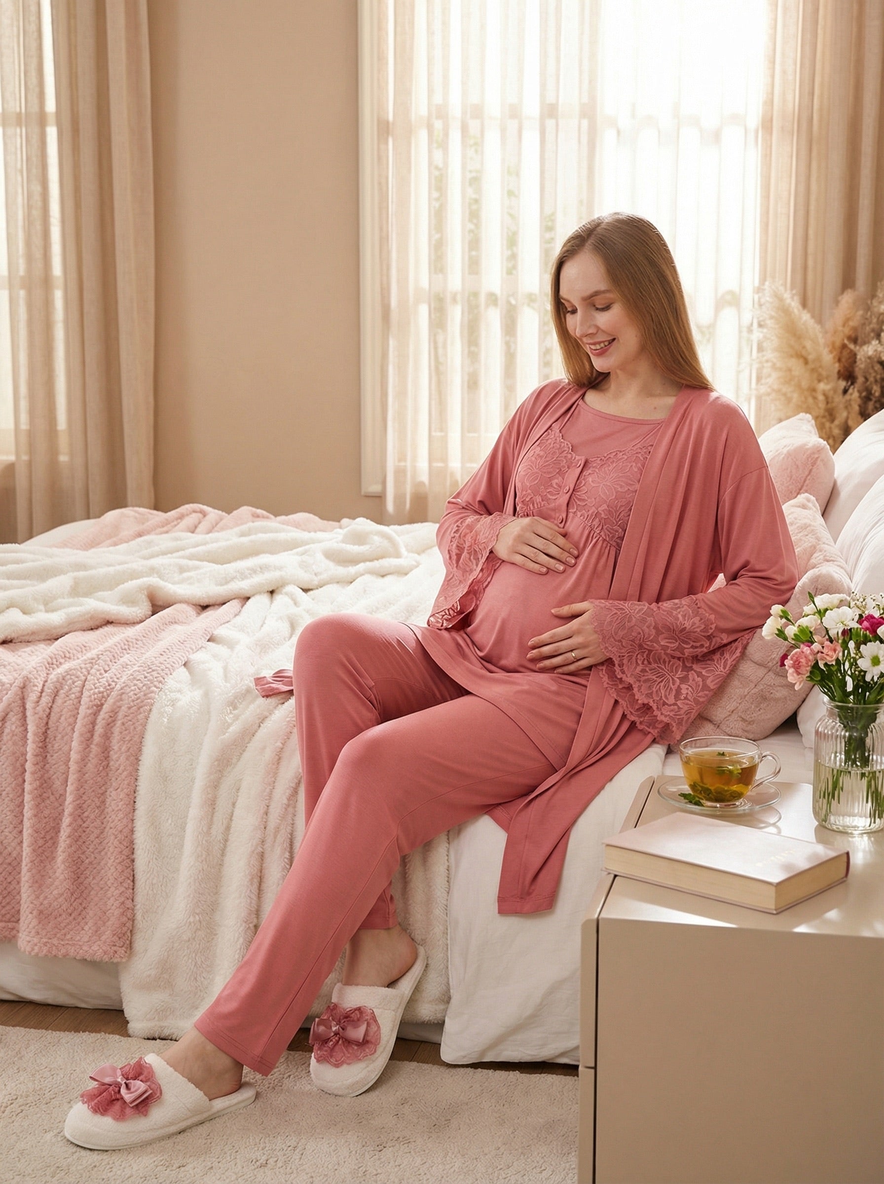 Yeni Sezon Narçiçeği Yazlık Çiçek Dantelli Hamile Lohusa Sabahlıklı Pijama Takımı Seti - 3431