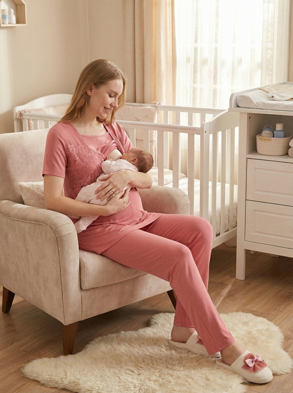 Yeni Sezon Narçiçeği Yazlık Çiçek Dantelli Hamile Lohusa Sabahlıklı Pijama Takımı Seti - 3431