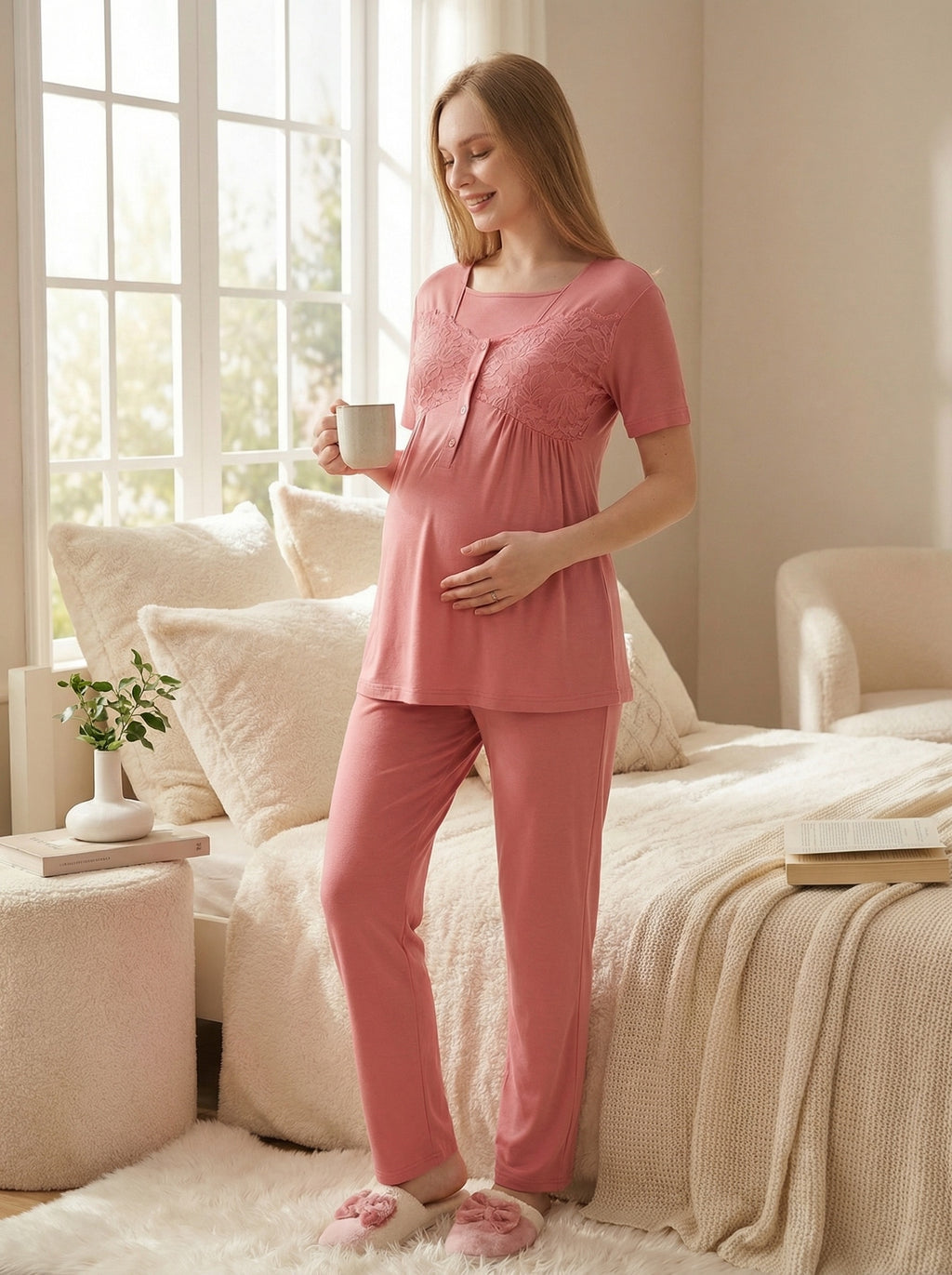 Yeni Sezon Narçiçeği Yazlık Çiçek Dantelli Hamile Lohusa Sabahlıklı Pijama Takımı Seti - 3431