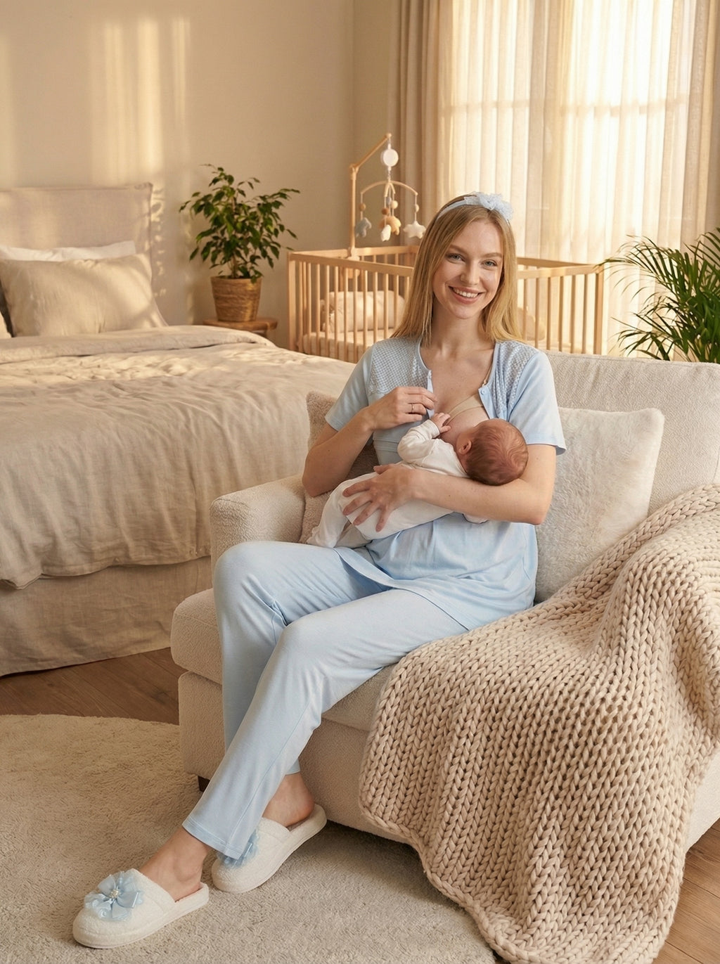 Yeni Sezon Mavi Yazlık Çiçek Desenli Hamile Lohusa Sabahlıklı Pijama Takımı Seti - 3460