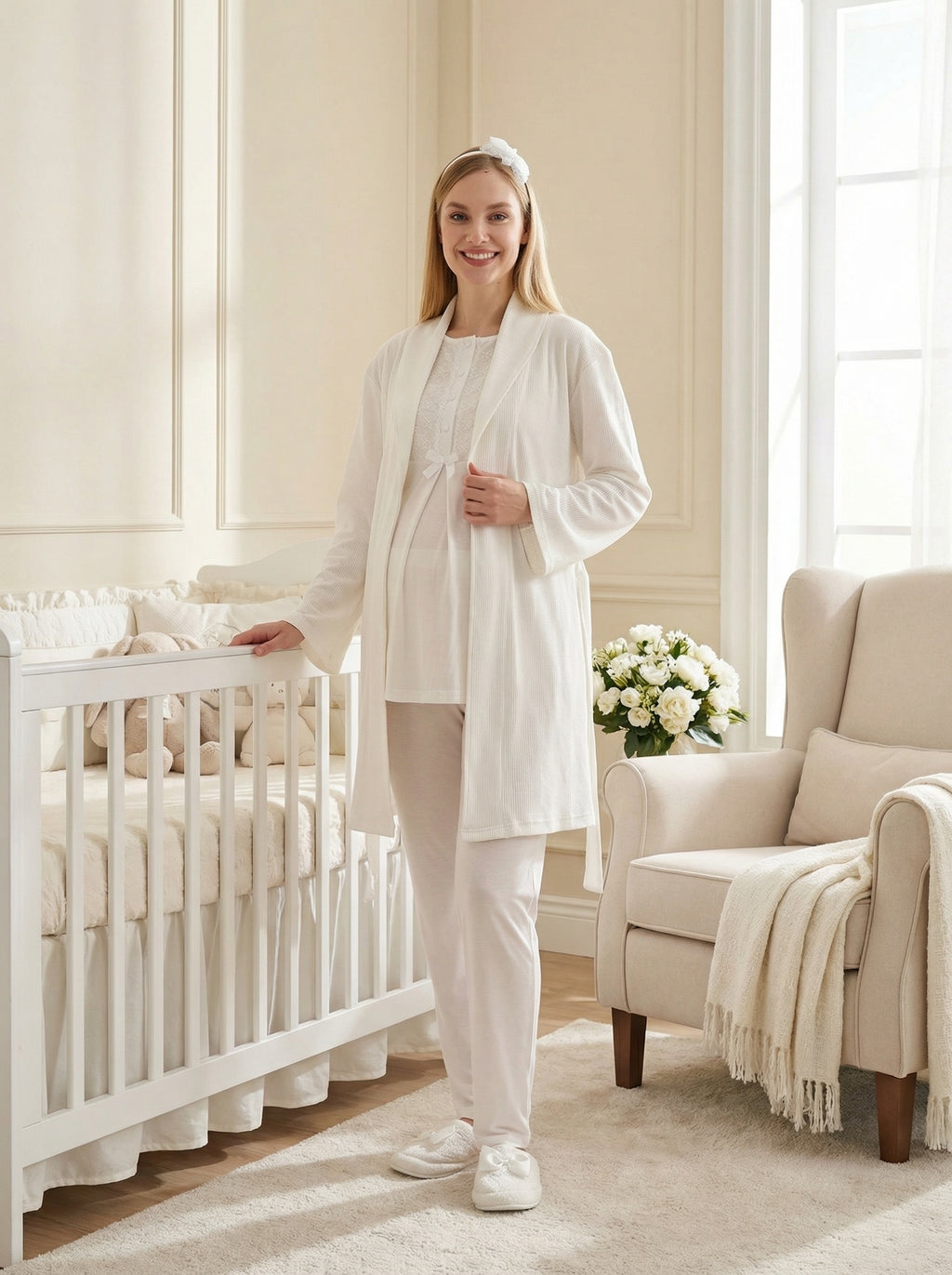 Yeni Sezon Ekru Yazlık Nevrürlü Hamile Lohusa Sabahlıklı Pijama Takımı Seti - 3461