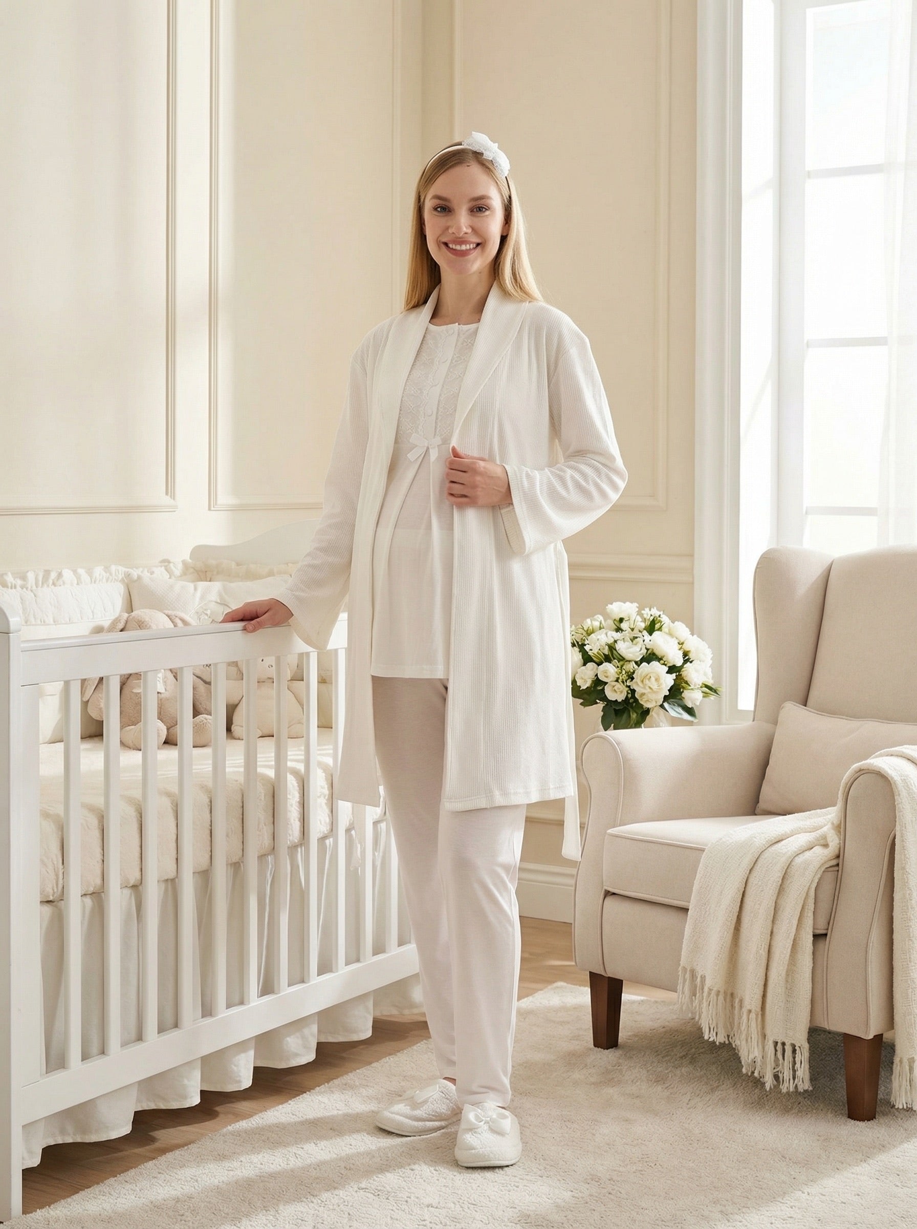 Yeni Sezon Ekru Yazlık Nevrürlü Hamile Lohusa Sabahlıklı Pijama Takımı Seti - 3461