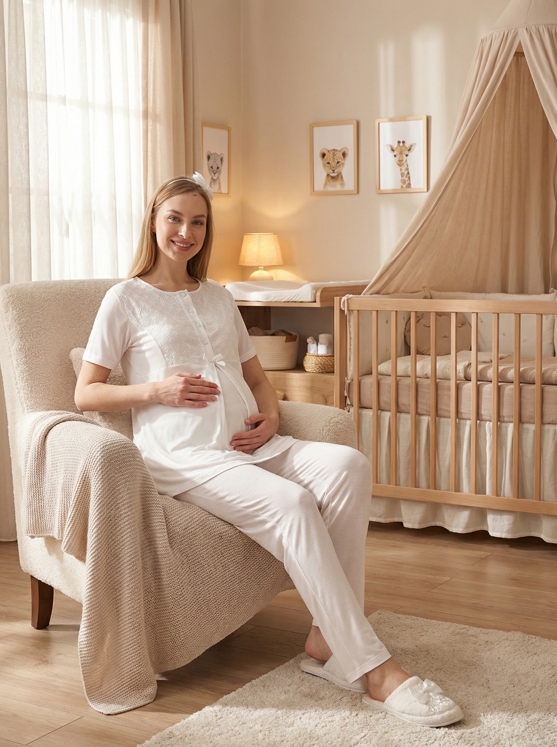 Yeni Sezon Ekru Yazlık Nevrürlü Hamile Lohusa Sabahlıklı Pijama Takımı Seti - 3461