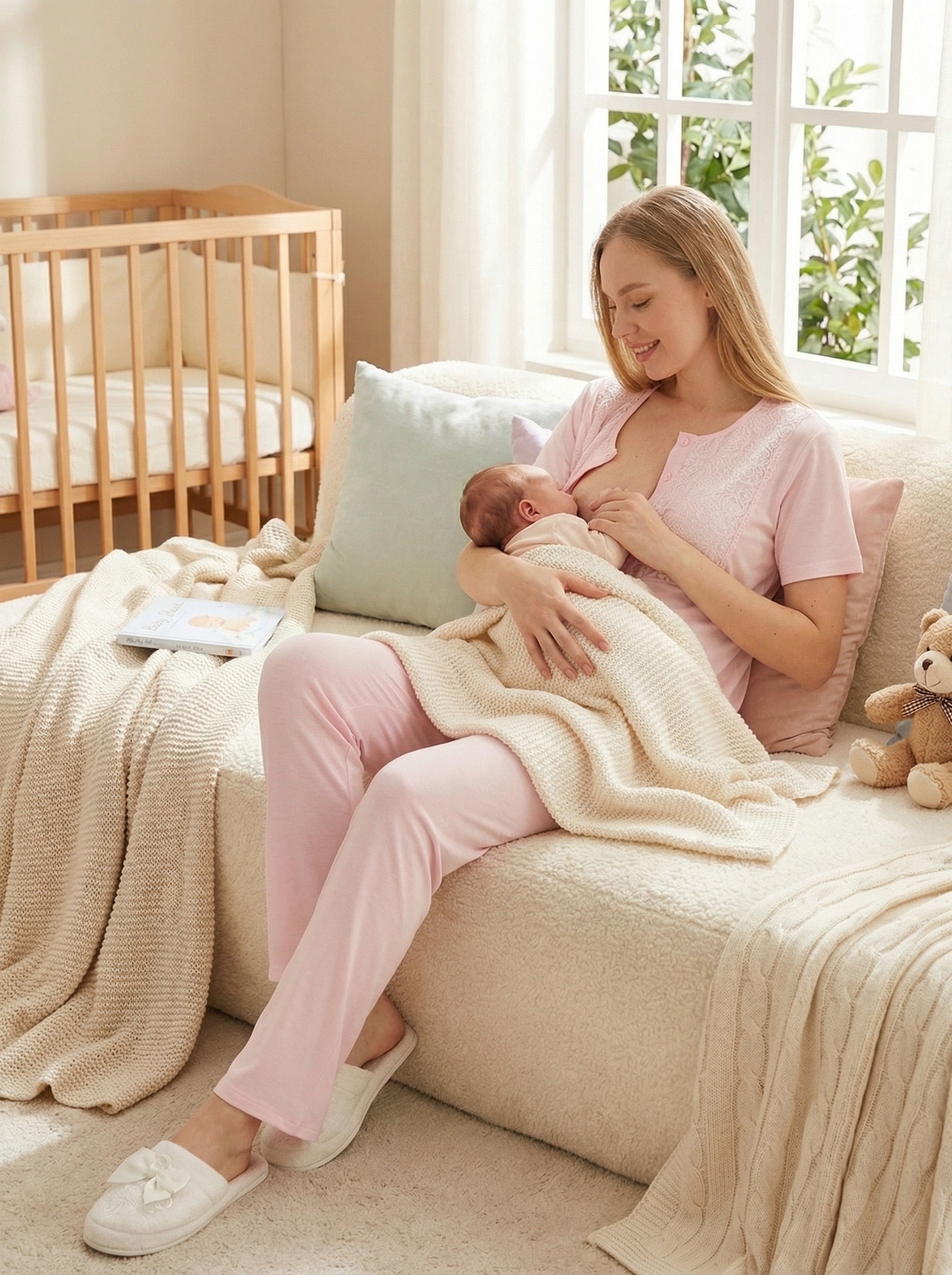 Yeni Sezon Pembe Yazlık Nevrürlü Hamile Lohusa Sabahlıklı Pijama Takımı Seti - 3461