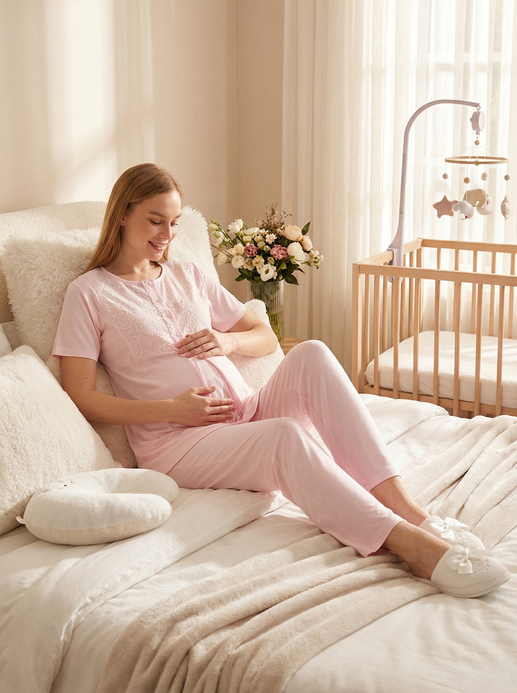Yeni Sezon Pembe Yazlık Nevrürlü Hamile Lohusa Sabahlıklı Pijama Takımı Seti - 3461