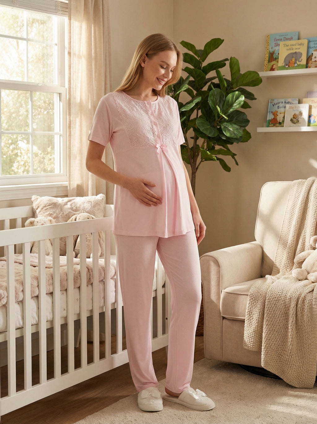 Yeni Sezon Pembe Yazlık Nevrürlü Hamile Lohusa Sabahlıklı Pijama Takımı Seti - 3461
