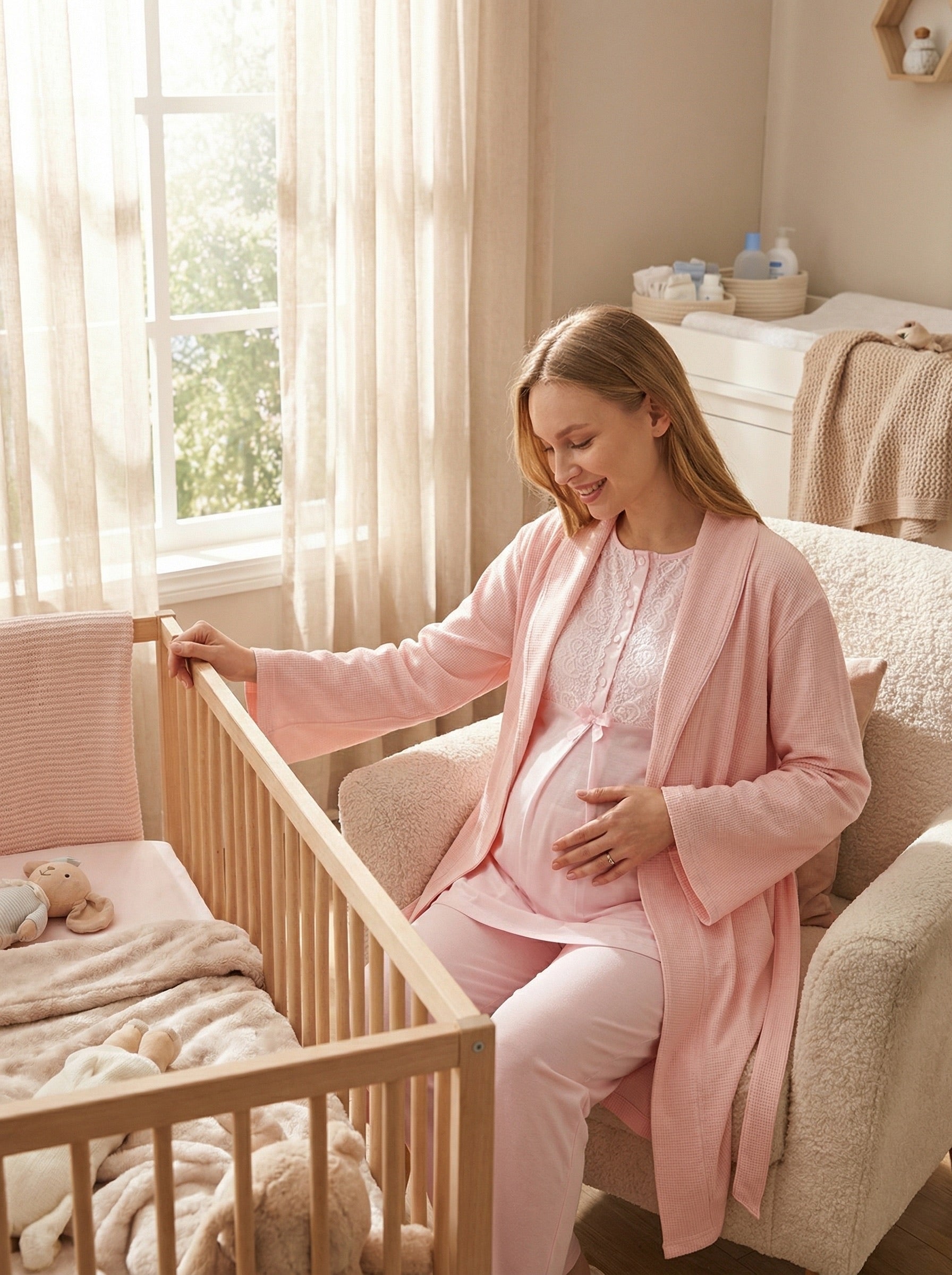Yeni Sezon Pembe Yazlık Nevrürlü Hamile Lohusa Sabahlıklı Pijama Takımı Seti - 3461