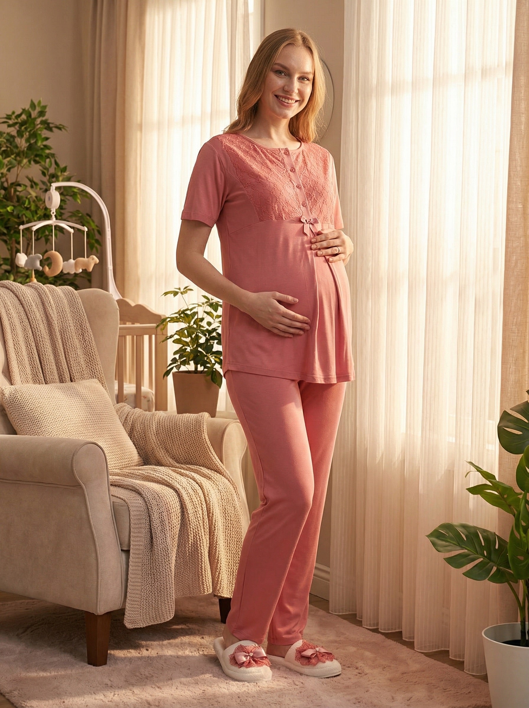Yeni Sezon Narçiçeği Yazlık Nevrürlü Hamile Lohusa Sabahlıklı Pijama Takımı Seti - 3461