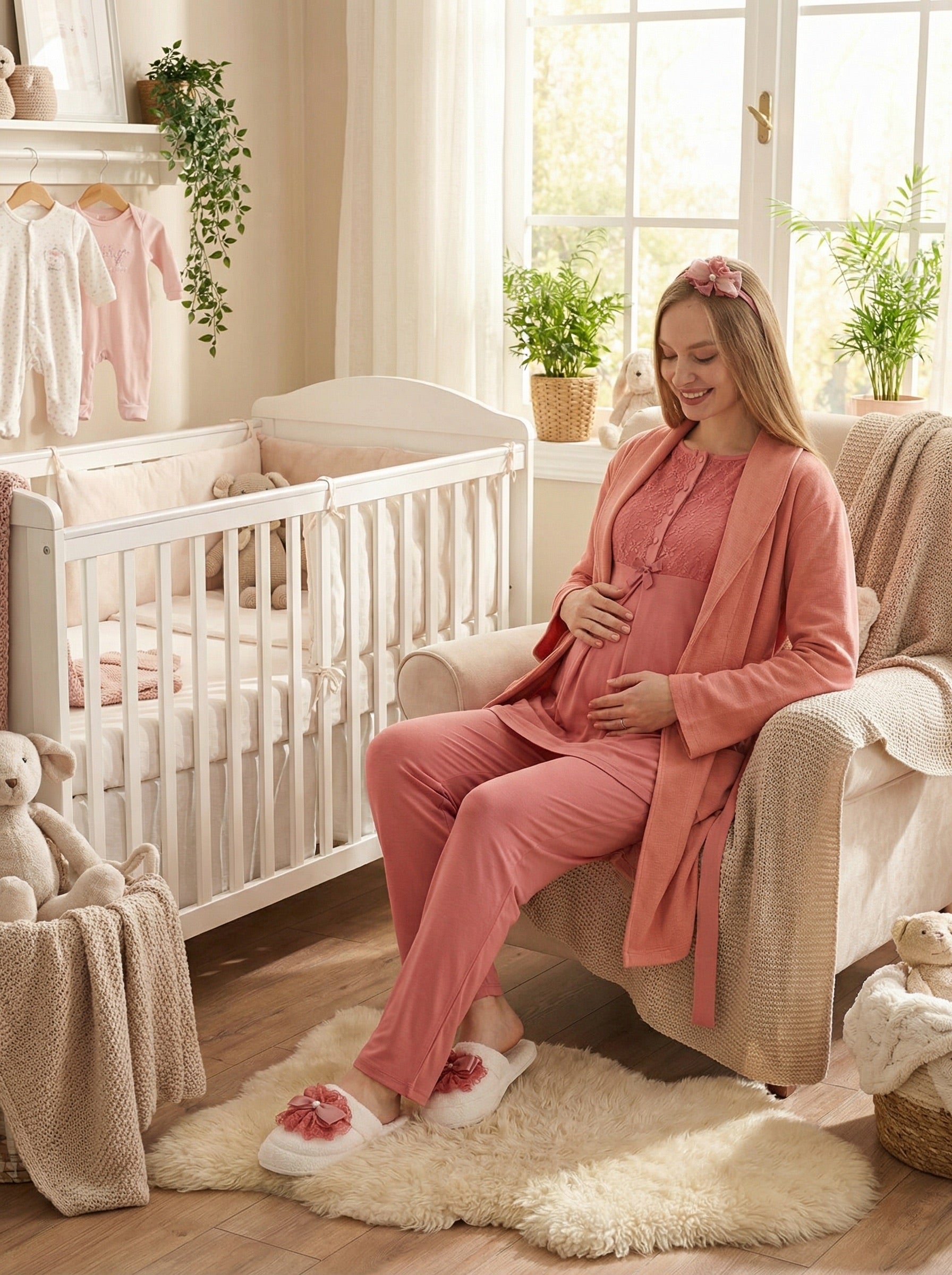Yeni Sezon Narçiçeği Yazlık Nevrürlü Hamile Lohusa Sabahlıklı Pijama Takımı Seti - 3461