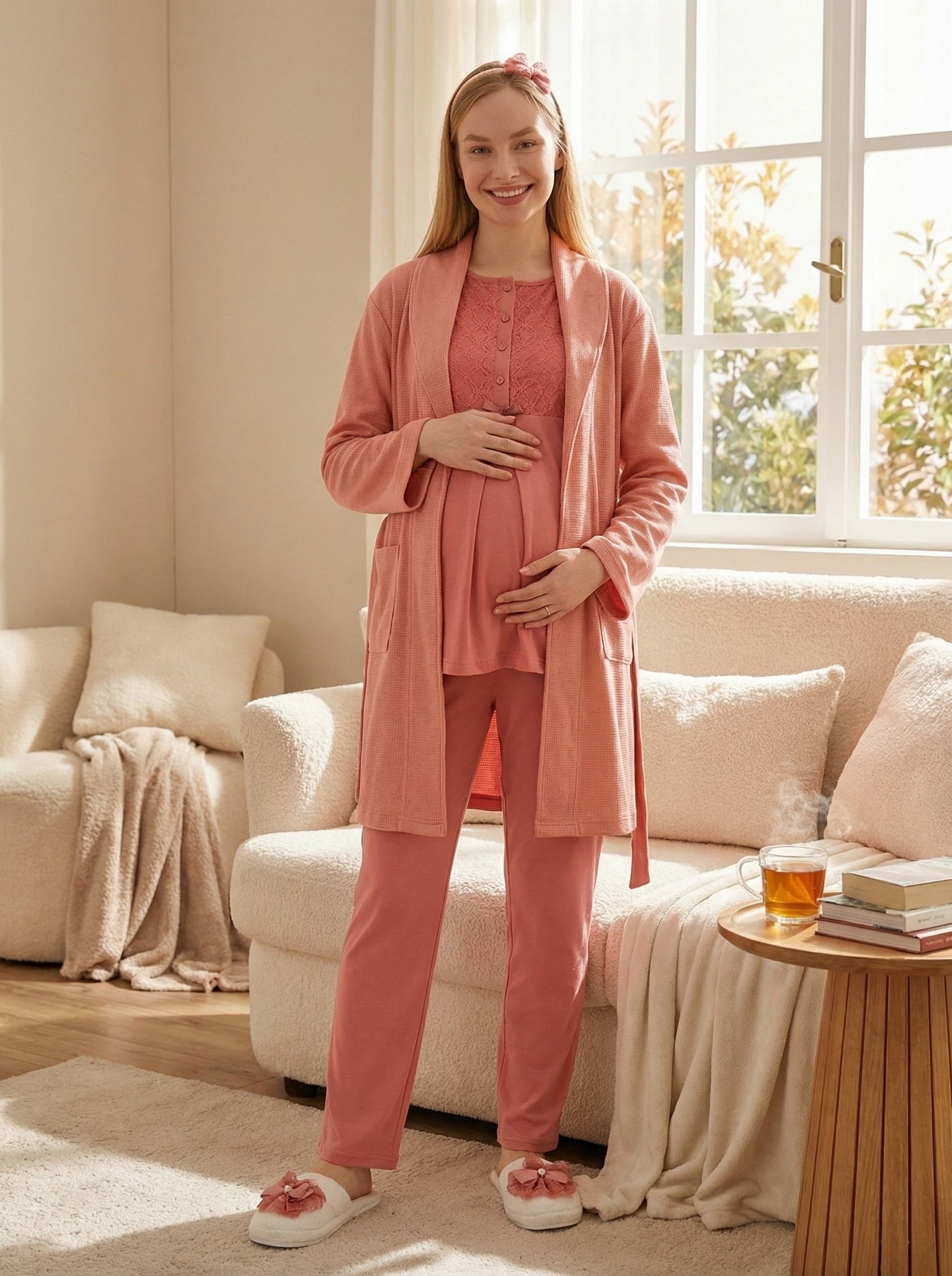 Yeni Sezon Narçiçeği Yazlık Nevrürlü Hamile Lohusa Sabahlıklı Pijama Takımı Seti - 3461